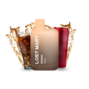 vapoteur jetable Lost Mary BM600 Cola 20 mg/ml, appareil compact pouvant contenir jusqu'à 600 bouffées et e-liquide saveur soda cola design doux et ergonomique avec bec verseur intégré et présentation visuelle inspirée des boissons cola qui représente la saveur du produit.