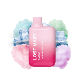 Vaper desechable Lost Mary BM600 Cotton Candy Ice 20 mg/ml, dispositivo compacto con hasta 600 puffs y e-liquid sabor algodón de azúcar con toque mentolado refrescante, diseño ergonómico con boquilla integrada y presentación visual inspirada en algodón de azúcar y efecto hielo que representan el sabor del producto.