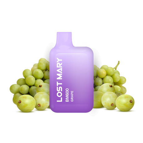 Vaper desechable Lost Mary BM600 Grape 20 mg/ml, dispositivo compacto con hasta 600 puffs y e-liquid sabor uva dulce y afrutada, diseño ergonómico con boquilla integrada y presentación visual inspirada en uvas que representan el sabor del producto.