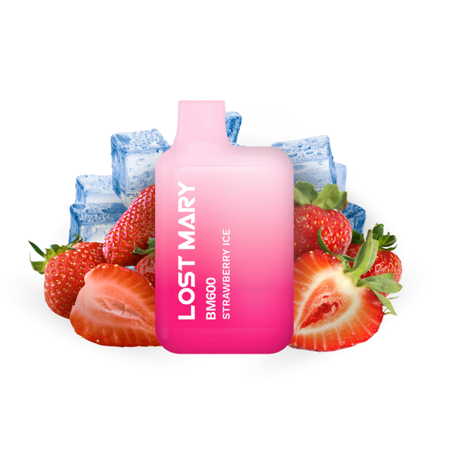 Vaper desechable Lost Mary BM600 Strawberry Ice 20 mg/ml, dispositivo compacto con hasta 600 puffs y e-liquid sabor fresa con toque mentolado refrescante, diseño ergonómico con boquilla integrada y presentación visual inspirada en fresas y efecto hielo que representan el sabor del producto.