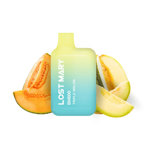 Vaper desechable Lost Mary BM600 Triple Melon 20 mg/ml, dispositivo compacto con hasta 600 puffs y e-liquid sabor mezcla de melones dulces, diseño ergonómico con boquilla integrada y presentación visual inspirada en melón que representa el sabor del producto.