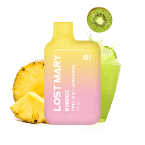 Vaper desechable Lost Mary BM600s Piña Kiwi Lemonade 20 mg/ml, dispositivo compacto con hasta 600 puffs y e-liquid sabor mezcla de piña, kiwi y limonada con perfil tropical y cítrico, diseño ergonómico con boquilla integrada y presentación visual inspirada en frutas que representan el sabor del producto.