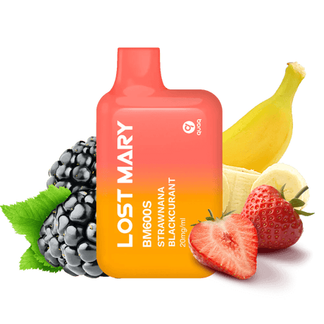 Vaper desechable Lost Mary BM600s Strawnana Blackcurrant 20 mg/ml, dispositivo compacto con hasta 600 puffs y e-liquid sabor mezcla de fresa, plátano y grosella negra con perfil dulce y afrutado, diseño ergonómico con boquilla integrada y presentación visual inspirada en frutas que representan el sabor del producto.