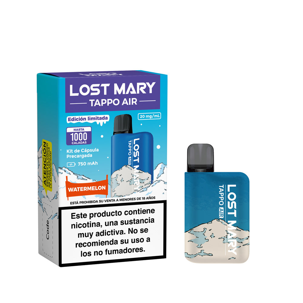 Svapatore Lost Mary Tappo Air Watermelon (Special Edition): dispositivo ricaricabile con capsula preriempita che offre un sapore dolce e succoso di anguria, con un tocco rinfrescante, in un'edizione limitata dal design esclusivo.
