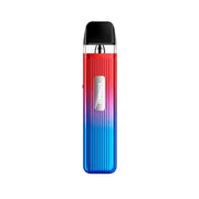 Rechargeable vape Geekvape Sonder Q Pod Kit with gradient design in red and blue tones, textured finish, front indicator and top transparent cartridge with integrated black mouthpiece.