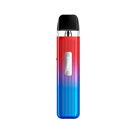 Vaper recargable Geekvape Sonder Q Pod Kit con diseño degradado en tonos rojo y azul, acabado texturizado, indicador frontal y cartucho transparente superior con boquilla negra integrada.