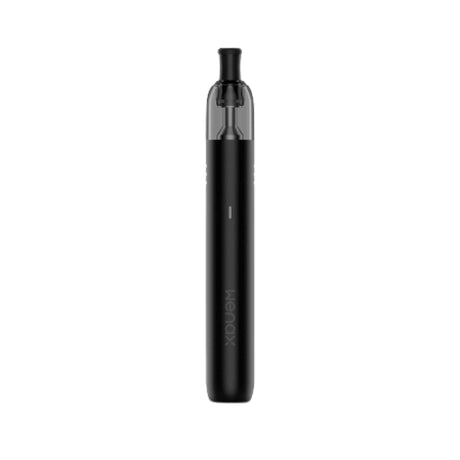 Vaper recargable Geekvape Wenax M1 Pod Kit en color negro con diseño compacto tipo stick, indicador LED frontal y cartucho transparente superior con boquilla negra integrada.