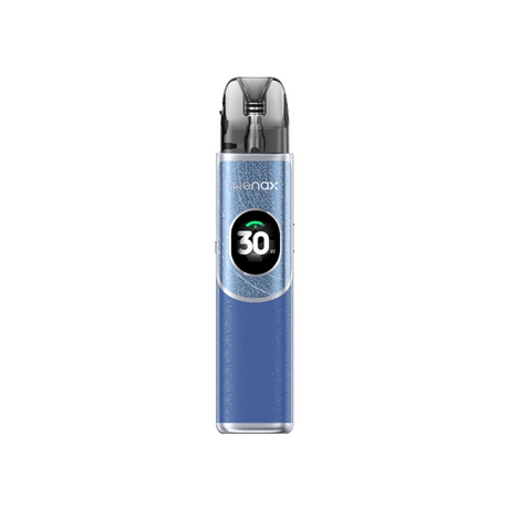 Vaper recargable Geekvape Wenax Q2 Pod Kit en color azul celeste con diseño compacto, pantalla frontal circular que muestra potencia y cartucho transparente superior con boquilla integrada.