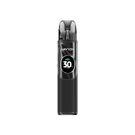 Vaper recargable Geekvape Wenax Q2 Pod Kit en color negro con diseño compacto, pantalla frontal circular que muestra potencia y cartucho transparente superior con boquilla integrada. 