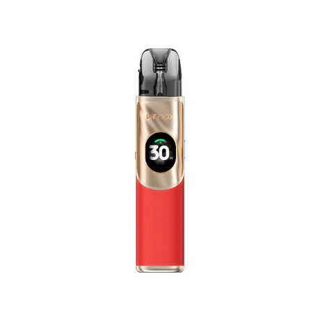 Vaper recargable Geekvape Wenax Q2 Pod Kit en color rojo con diseño compacto, pantalla frontal circular que muestra potencia y cartucho transparente superior con boquilla integrada.