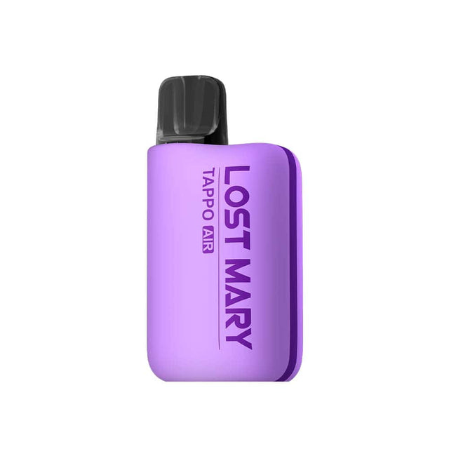 vapoteur rechargeable Lost Mary Tappo Air Grape, appareil compact de type dosette avec batterie rechargeable et système de capsules interchangeables, saveur raisin sucré et fruité, design ergonomique violet avec embout intégré et format portable facile à utiliser.