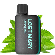 Rechargeable vape Lost Mary Tappo Air Menthol, compact pod-type device with rechargeable battery and interchangeable capsule system, refreshing menthol flavor, ergonomic design in black with green details and integrated mouthpiece, in an easy-to-use portable format.