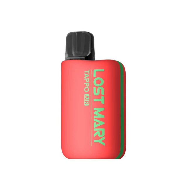 Vaper recargable Lost Mary Tappo Air Watermelon, dispositivo tipo pod compacto con batería recargable y sistema de cápsulas intercambiables, sabor sandía dulce y refrescante, diseño ergonómico en color rojo con boquilla integrada y formato portátil fácil de usar.