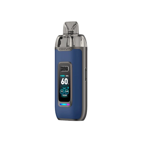 Vaper recargable Oxva VPrime Kit en color azul marino, pantalla digital frontal que muestra potencia y batería, y boquilla transparente en la parte superior.