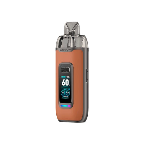 Vaper recargable Oxva VPrime Kit en color naranja con acabado degradado, pantalla digital frontal que muestra potencia y batería, y boquilla transparente en la parte superior.