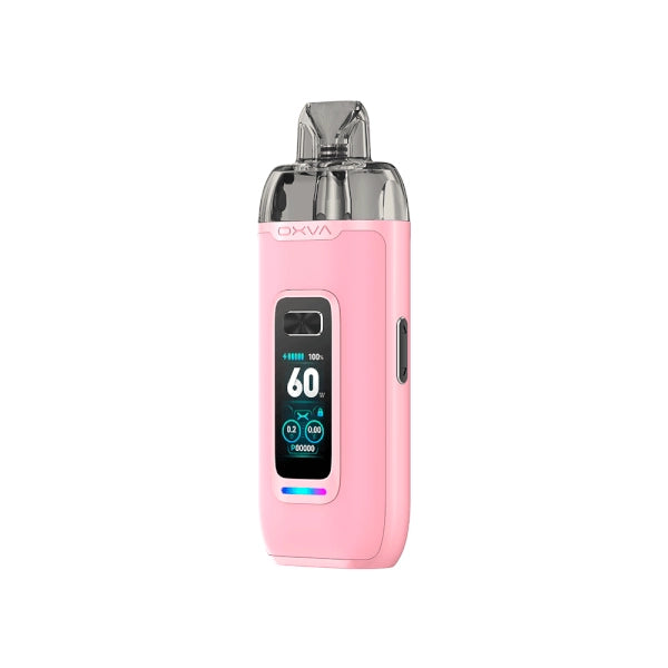 Vaper recargable Oxva VPrime Kit en color rosado, pantalla digital frontal que muestra potencia y batería, y boquilla transparente en la parte superior.