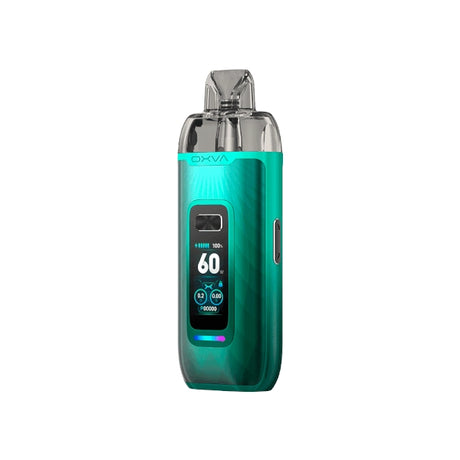 Vaper recargable Oxva VPrime Kit en color verde con acabado degradado, pantalla digital frontal que muestra potencia y batería, y boquilla transparente en la parte superior.