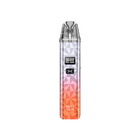 Rechargeable vape Oxva Xlim Classic Pod Kit with gradient design in silver and orange tones, front digital screen with power information and central button, and transparent mouthpiece on the top.