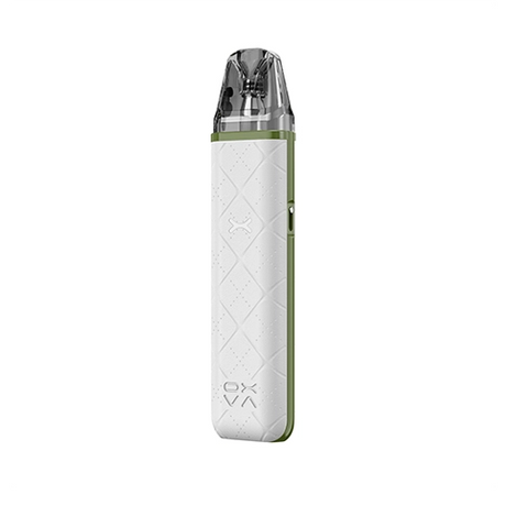 Vaper recargable Oxva Xlim Go Pod Kit en color blanco con acabado texturizado, diseño compacto sin pantalla visible y boquilla transparente en la parte superior