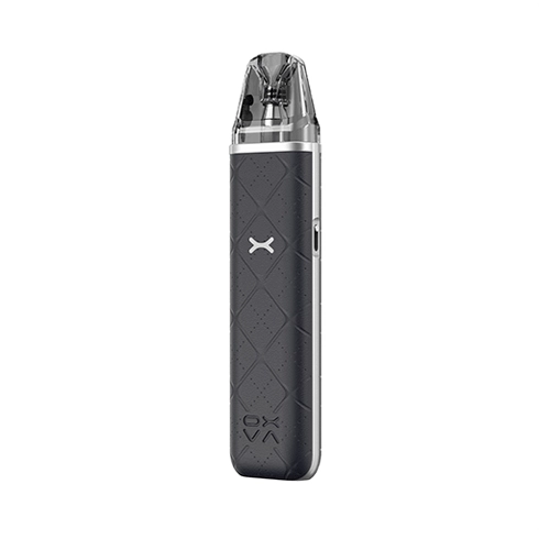Vaper recargable Oxva Xlim Go Pod Kit en color negro con acabado texturizado, diseño compacto sin pantalla visible y boquilla transparente en la parte superior.