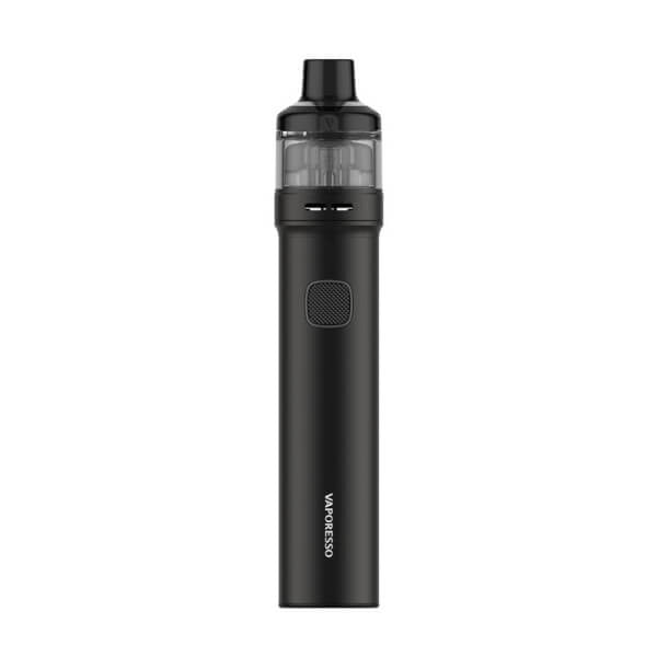 vapoteur rechargeable Vaporesso GTX GO80 en noir avec conception de type tube cylindrique, bouton central, réservoir supérieur transparent et embout noir intégré.