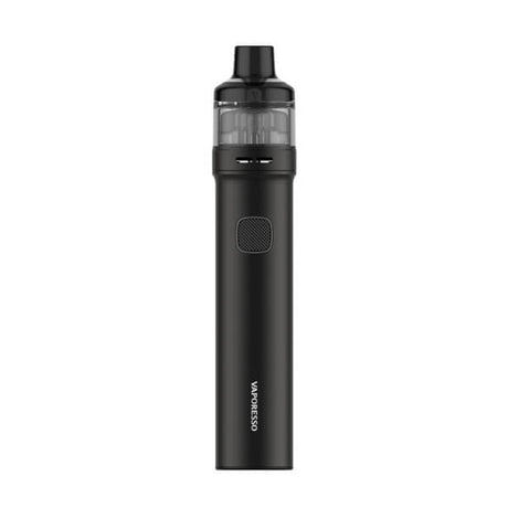 Sigaretta Elettronica Ricaricabile Vaporesso GTX GO80 in nero con design a tubo cilindrico, pulsante centrale, serbatoio superiore trasparente e bocchino nero integrato.