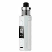 Rechargeable vape Voopoo Drag S2, with elegant white design, ergonomic body with leather finish, front screen that shows power and battery, and transparent upper tank for direct lung vaping.