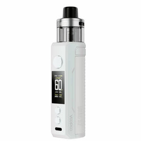 Vaper recargable Voopoo Drag S2, con diseño elegante en color blanco, cuerpo ergonómico con acabado en cuero, pantalla frontal que muestra potencia y batería, y tanque superior transparente para vapeo directo a pulmón.