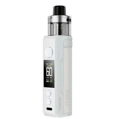 Vaper recargable Voopoo Drag S2, con diseño elegante en color blanco, cuerpo ergonómico con acabado en cuero, pantalla frontal que muestra potencia y batería, y tanque superior transparente para vapeo directo a pulmón.