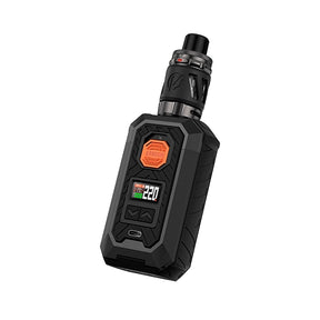 vapoteur rechargeable Vaporesso Armour Max Kit de couleur noire avec un design robuste de type mod, écran frontal numérique, bouton central orange et réservoir supérieur avec embout noir.
