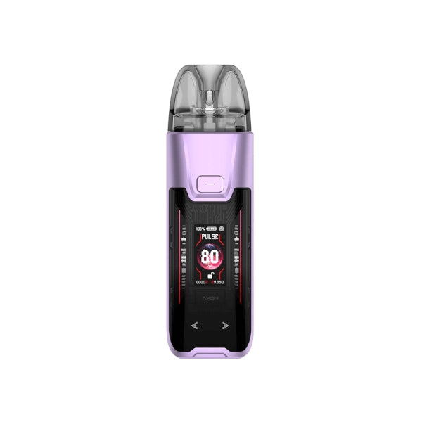 Vaper recargable Vaporesso Luxe XR Max 2 Pod Kit en color lila y negro, con pantalla frontal a color que muestra potencia y modo de uso, botón superior y cartucho transparente en la parte superior.