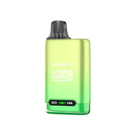 Vaper recargable Vaporesso Vibe Nano Pod Kit en color verde degradado con diseño compacto, indicador frontal ECO y PWR, y cartucho superior con boquilla negra integrada. 