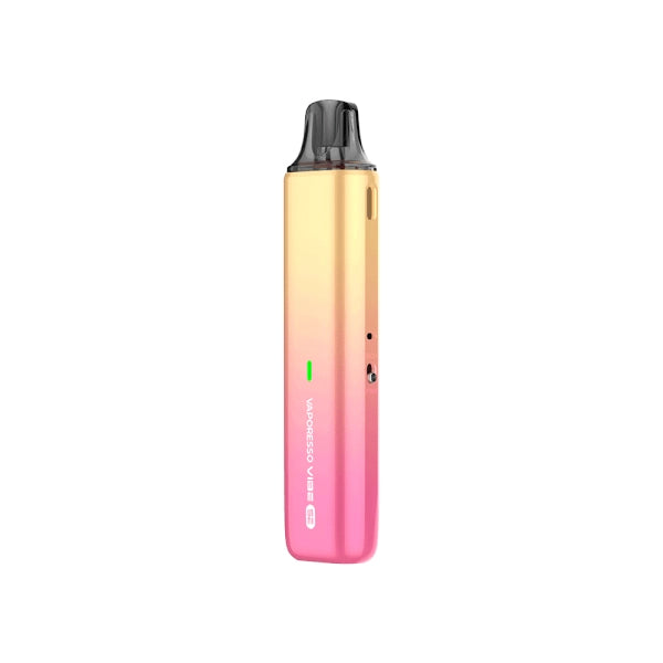 Vaper recargable Vaporesso Vibe SE Pod Kit en color naranja degradado con diseño compacto tipo stick, indicador LED frontal, depósito transparente superior y boquilla negra integrada.