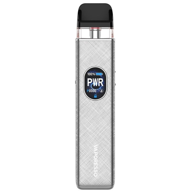 Vaper recargable Vaporesso Xros 5 Pod Kit en color gris con acabado texturizado, pantalla frontal circular con indicador de potencia y batería, y cartucho transparente superior con boquilla negra. 