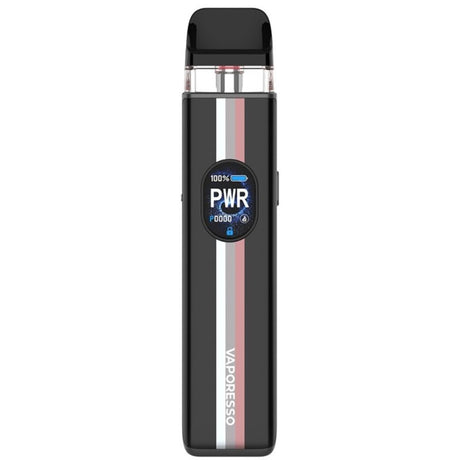 Vaper recargable Vaporesso Xros 5 Pod Kit en color negro con acabado texturizado, pantalla frontal circular con indicador de potencia y batería, y cartucho transparente superior con boquilla negra.