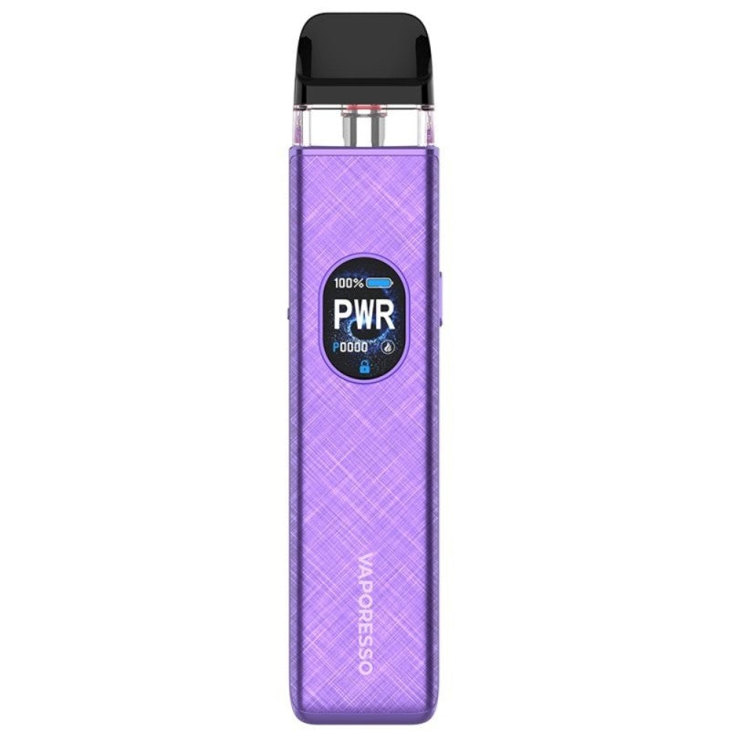 Vaper recargable Vaporesso Xros 5 Pod Kit en color púrpura con acabado texturizado, pantalla frontal circular con indicador de potencia y batería, y cartucho transparente superior con boquilla negra.