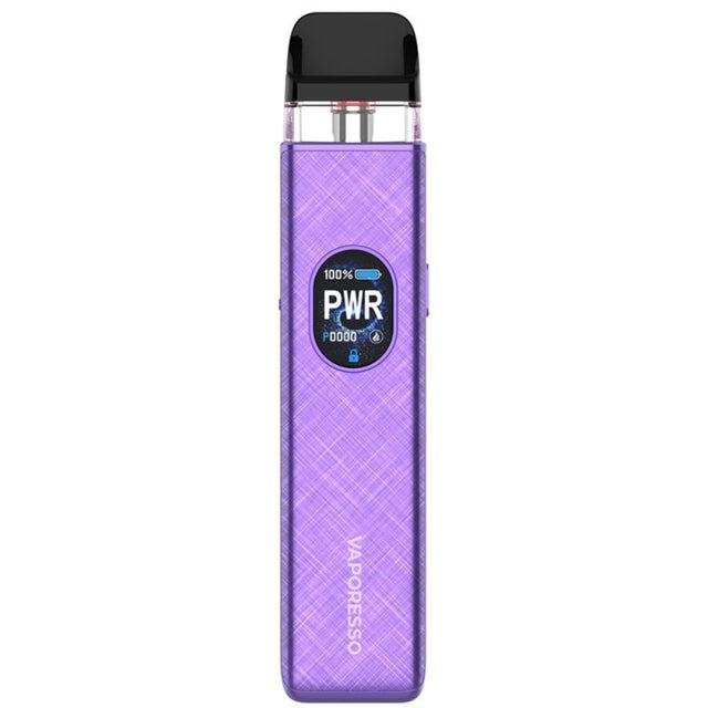 Vaper recargable Vaporesso Xros 5 Pod Kit en color púrpura con acabado texturizado, pantalla frontal circular con indicador de potencia y batería, y cartucho transparente superior con boquilla negra.