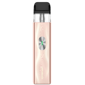Rechargeable vape Vaporesso Xros Mini 4 Pod Kit in pink with compact stick-type design, front LED indicator and top transparent cartridge with black mouthpiece.
