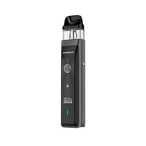 Vaper recargable Vaporesso Xros Pro Pod Kit en color negro con diseño moderno, pantalla frontal que muestra potencia y batería, botón circular central y cartucho transparente superior con boquilla negra.