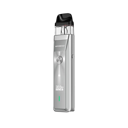Vaper recargable Vaporesso Xros Pro Pod Kit en color plateado con diseño moderno, pantalla frontal que muestra potencia y batería, botón circular central y cartucho transparente superior con boquilla negra.