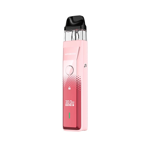Vaper recargable Vaporesso Xros Pro Pod Kit en color rosa degradado con diseño moderno, pantalla frontal que muestra potencia y batería, botón circular central y cartucho transparente superior con boquilla negra.