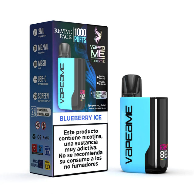 Vape Vapeame To Revive Kit Blueberry Ice, rechargeable device with up to 1000 puffs and blueberry flavor e-liquid with a refreshing menthol touch, 2 ml capacity and 20 mg/ml nicotine, with battery display, USB-C charging and presentation with its original box.