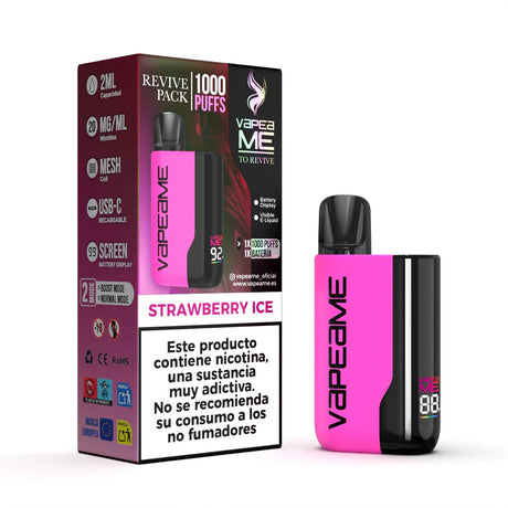 Vaper Vapeame To Revive Kit Strawberry Ice, dispositivo recargable con hasta 1000 puffs y e-liquid sabor fresa con toque mentolado refrescante, capacidad de 2 ml y 20 mg/ml de nicotina, con pantalla de batería, carga USB-C y presentación junto a su caja original.