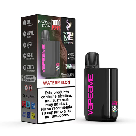 Vapeur Vapeame To Revive Kit Watermelon, appareil rechargeable jusqu'à 1000 bouffées et e-liquide saveur pastèque, contenance 2 ml et 20 mg/ml de nicotine, avec affichage de la batterie, chargement USB-C et présentation avec sa boîte d'origine