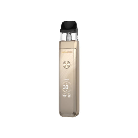 Vaper recargable Vaporesso Xros Pro 2 en color dorado con diseño elegante, pantalla frontal que muestra potencia y batería, botón circular central y cartucho superior transparente con boquilla negra.