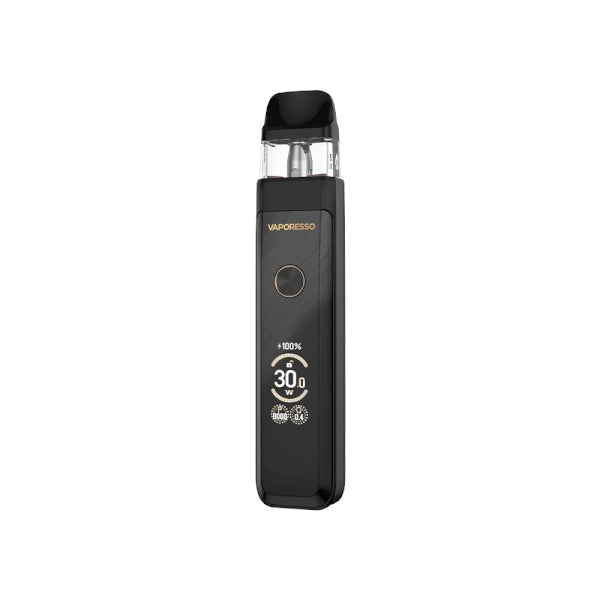 Rechargeable vape Vaporesso Xros Pro 2 in black with elegant design, front screen that shows power and battery, central circular button and transparent top cartridge with black mouthpiece.