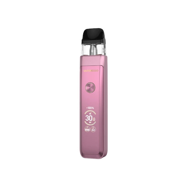 Rechargeable vape Vaporesso Xros Pro 2 in pink with elegant design, front screen that shows power and battery, central circular button and transparent top cartridge with black mouthpiece