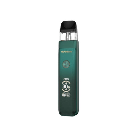 Vaper recargable Vaporesso Xros Pro 2 en color verde con diseño elegante, pantalla frontal que muestra potencia y batería, botón circular central y cartucho superior transparente con boquilla negra.
