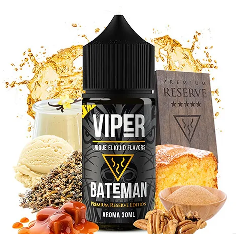 bouteille d'arôme Viper Bateman 30 ml, au design noir et aux détails dorés, accompagné d'ingrédients tels que le caramel, les noix, le gâteau et la glace qui représentent son profil de saveur douce et gourmande.