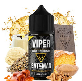 bouteille d'arôme Viper Bateman 30 ml, au design noir et aux détails dorés, accompagné d'ingrédients tels que le caramel, les noix, le gâteau et la glace qui représentent son profil de saveur douce et gourmande.